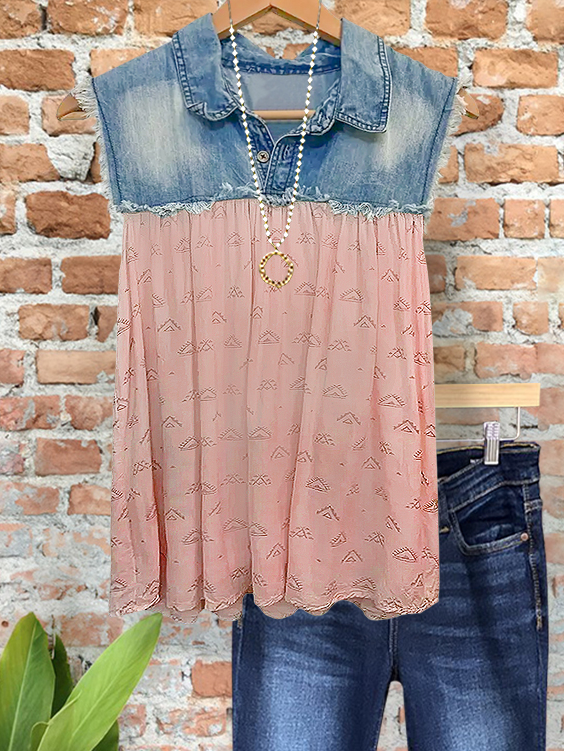 Vintage Print Denim Raw Edge Top