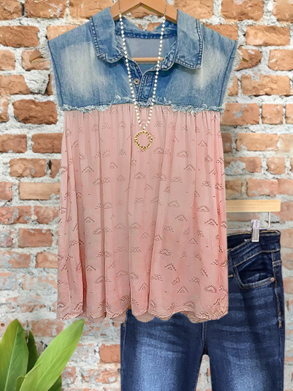 Vintage Print Denim Raw Edge Top