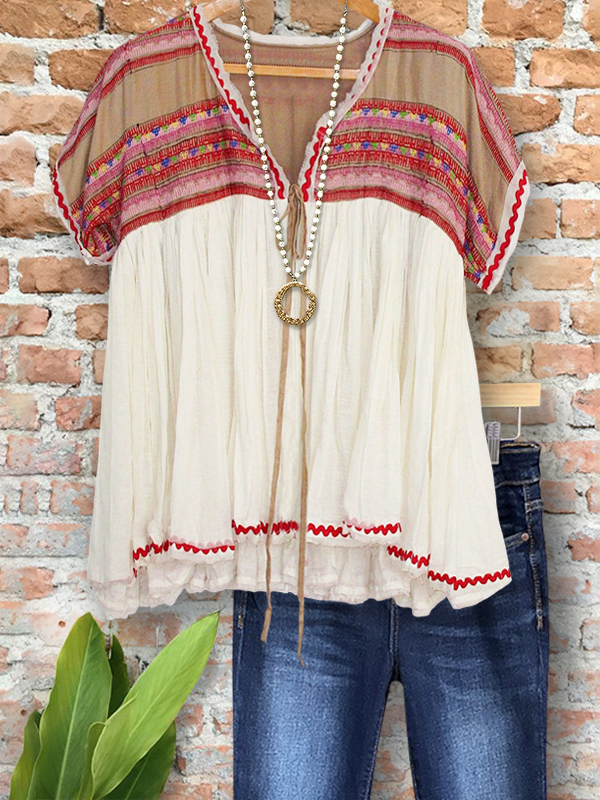 Bohemian Ethnic Embroidery Short-Sleeved Top