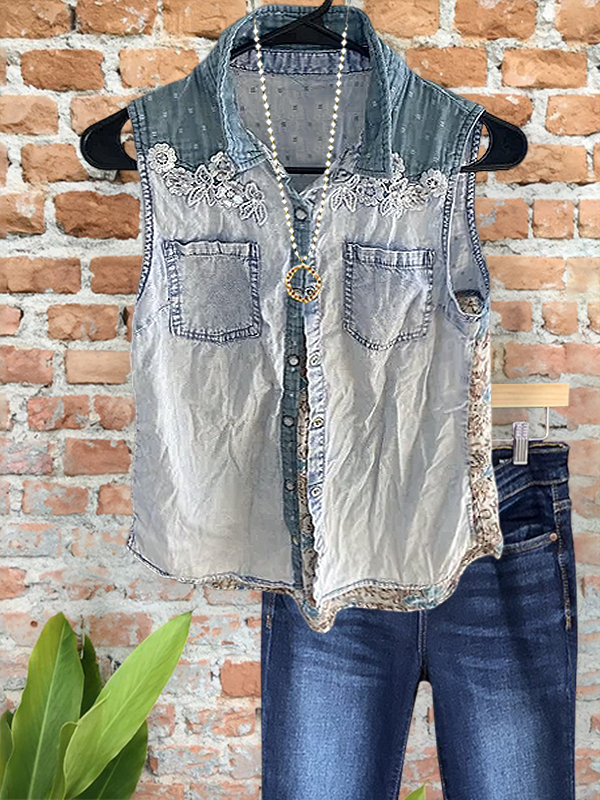 Women's top | Fashionable Denim Style Lace Patchwork Top |Website-shopcharmingrose