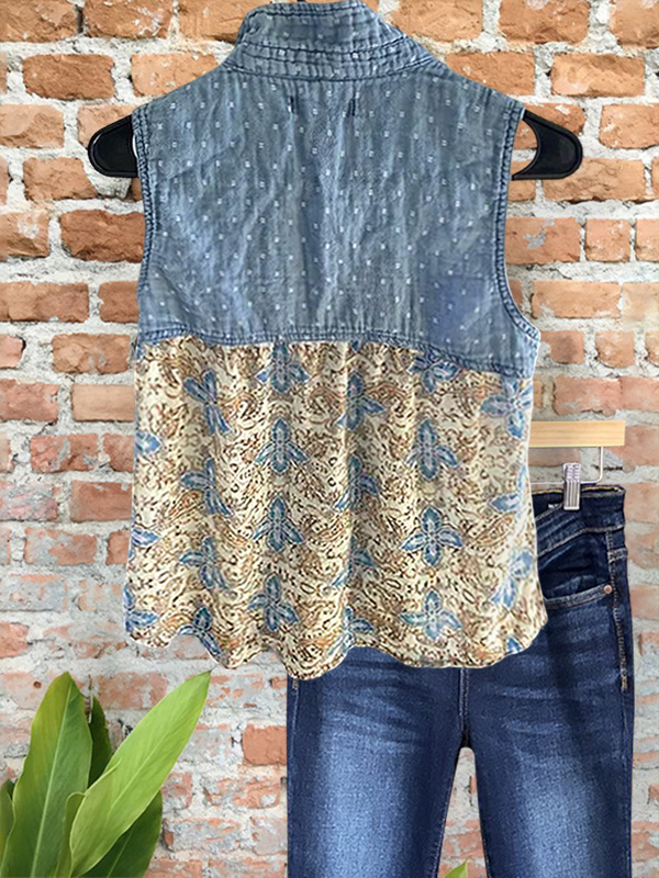 Fashionable Denim Style Lace Patchwork Top