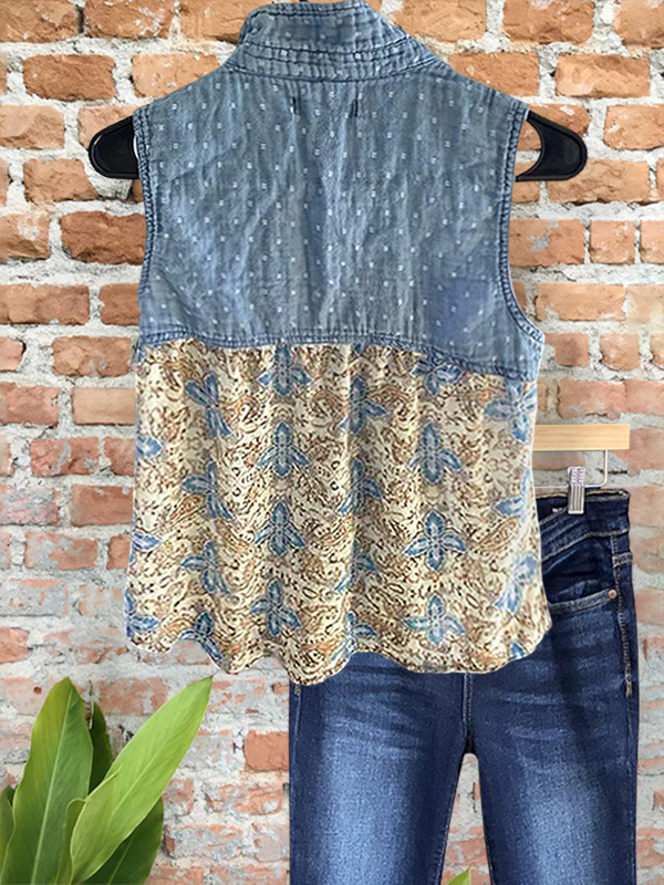 Fashionable Denim Style Lace Patchwork Top