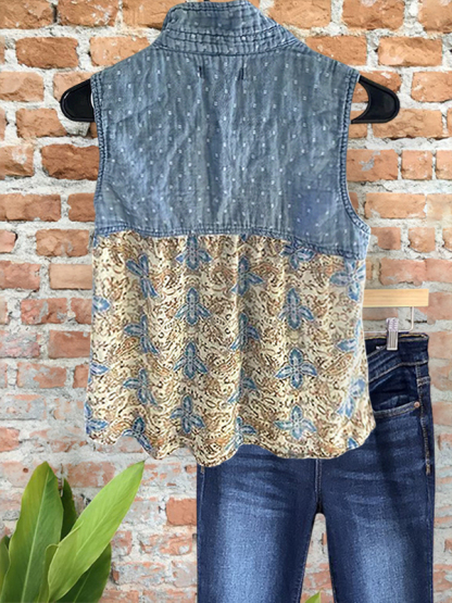 Fashionable Denim Style Lace Patchwork Top