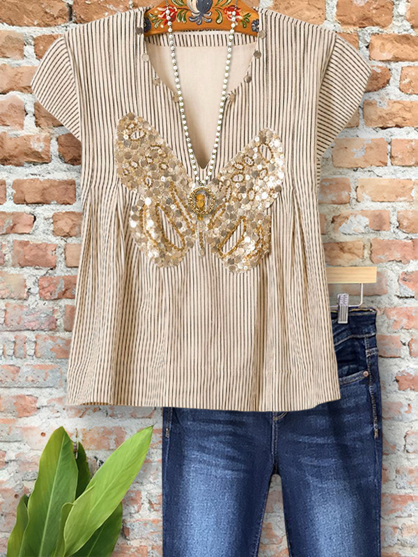 Chic Shiny Butterfly V-Neck Top