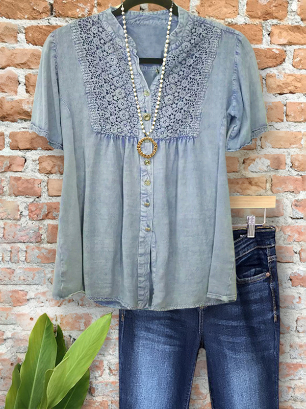 Vintage Casual Crochet Patchwork Shirt