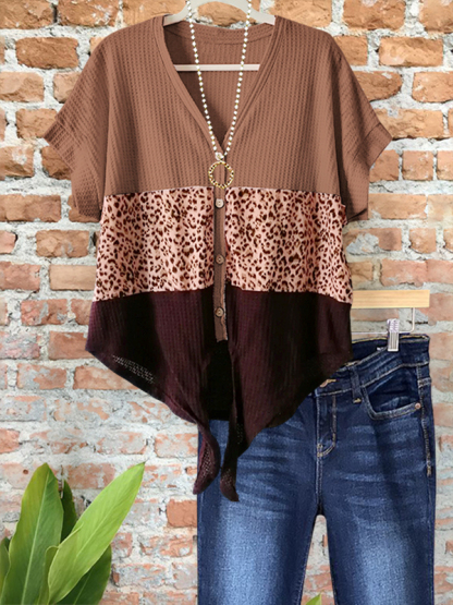 Casual Soft Waffle Leopard Patchwork Top