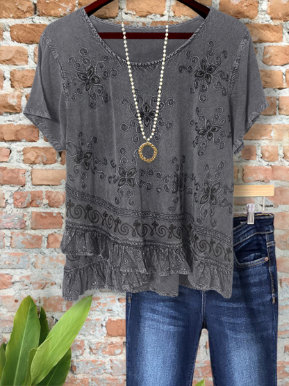 Casual Vintage Ethnic Embroidery Ruffle Top