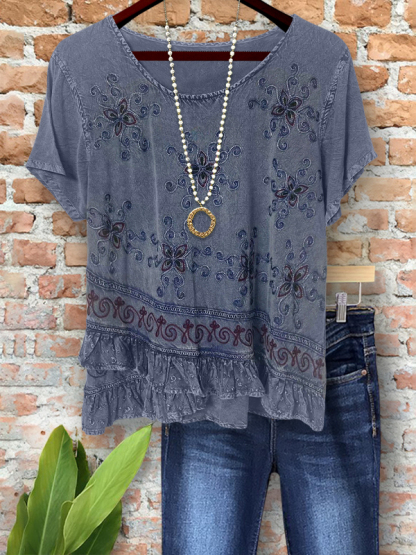 Casual Vintage Ethnic Embroidery Ruffle Top