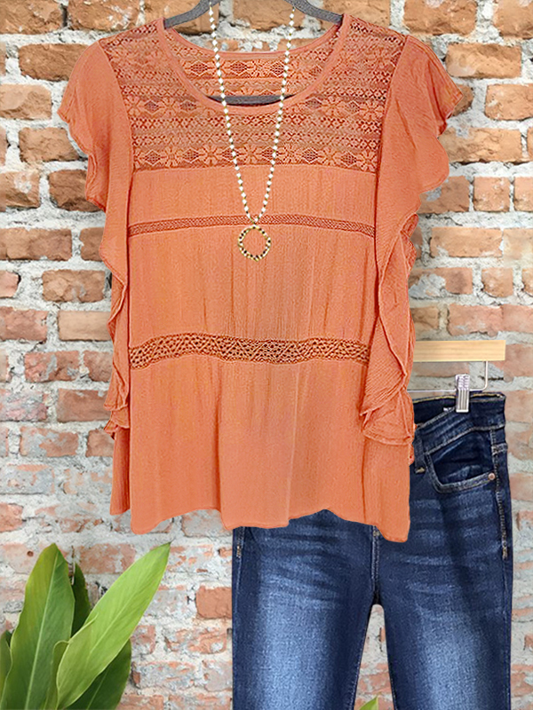 Casual Romantic Lace Ruffle Sleeve Top