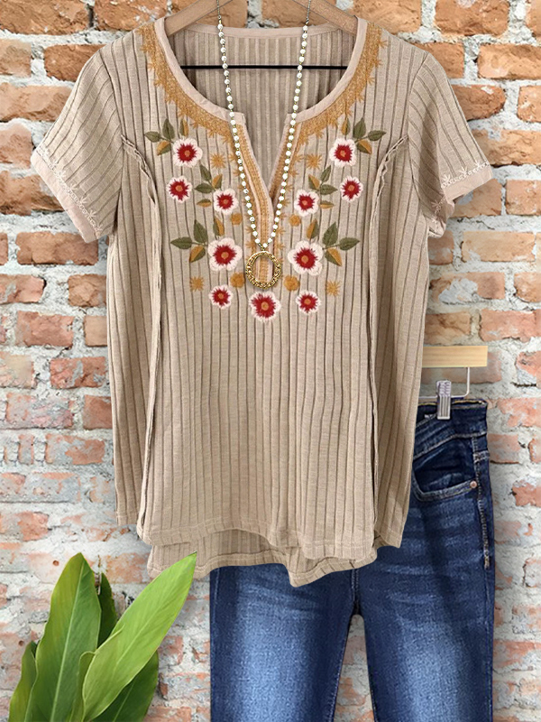 Vintage Striped Textured Embroidered Floral Top