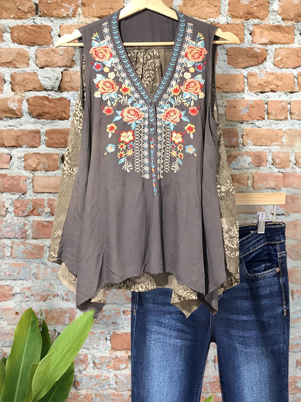 Bohemian Embroidered Floral V-Neck Vest