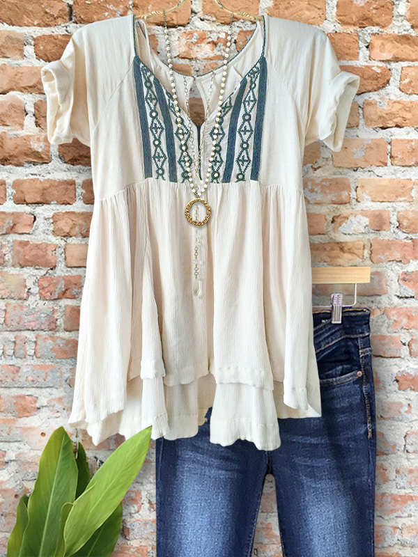Ethnic Embroidered Ruffled V-Neck Top