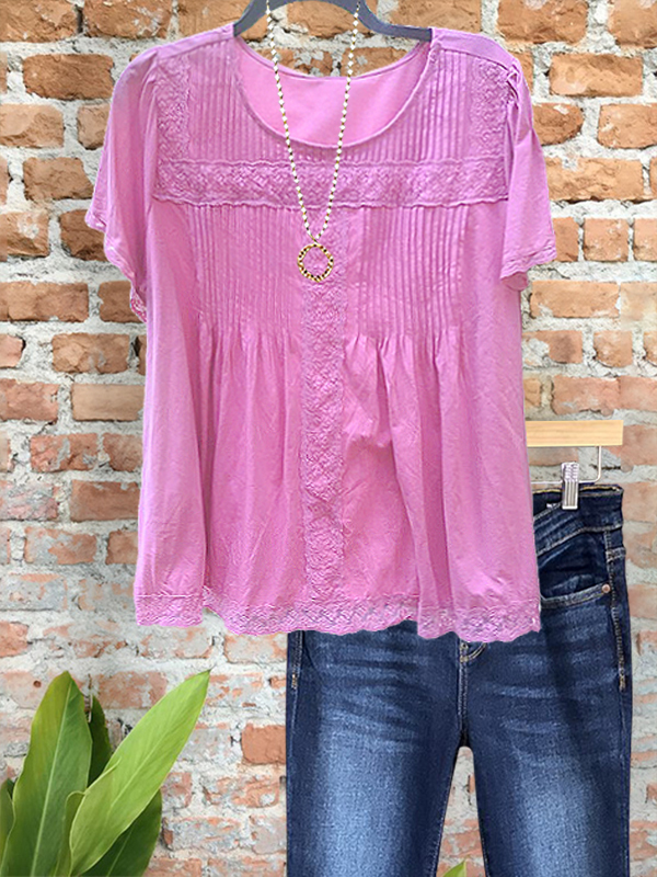 Casual Webbing Pleated Crew Neck Top