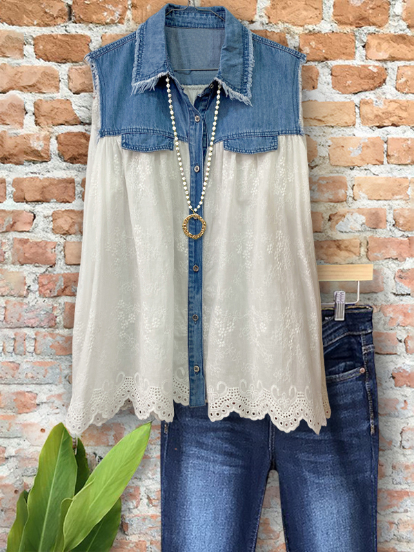 Casual Elegant Denim Jacquard Patchwork Top