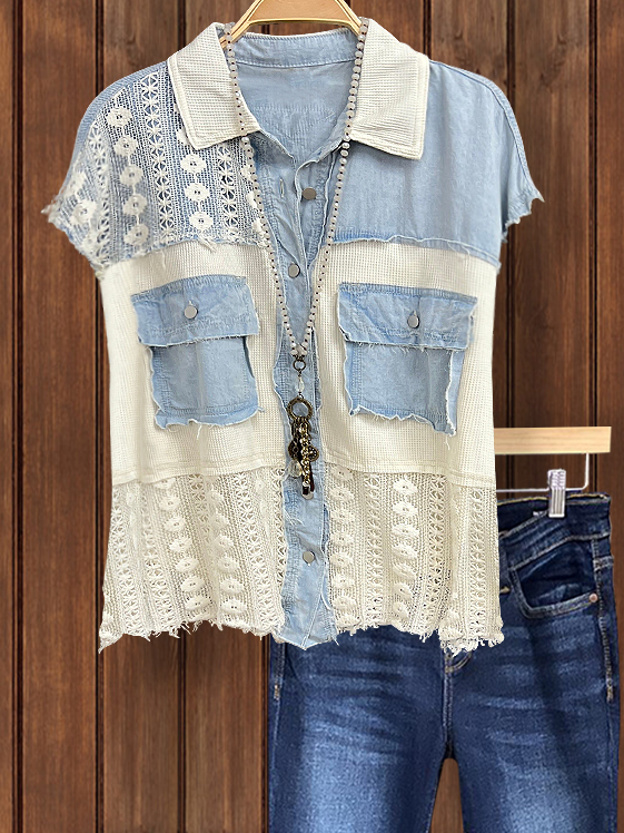 Women's top | Denim Style Crochet Pocket Patchwork Top |Website-shopcharmingrose