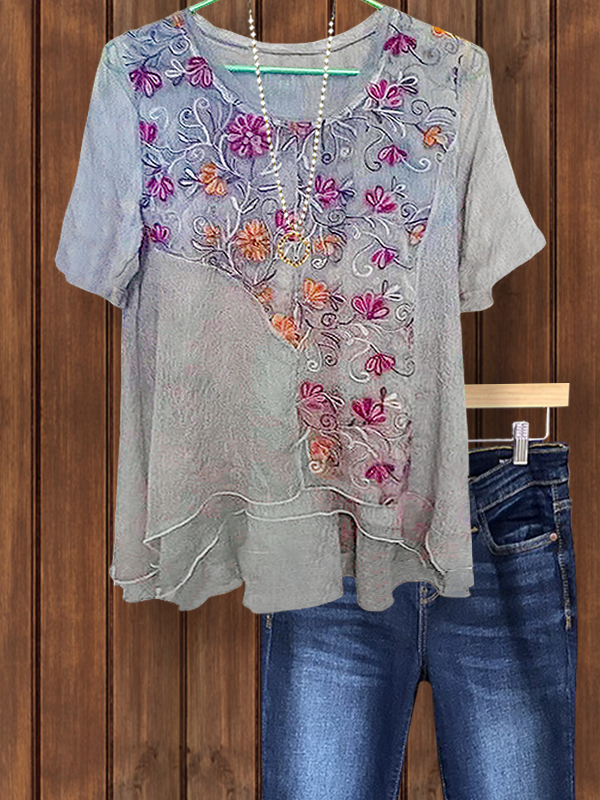 Women's top | Flowy Vintage Floral Short Sleeve Top |Website-shopcharmingrose