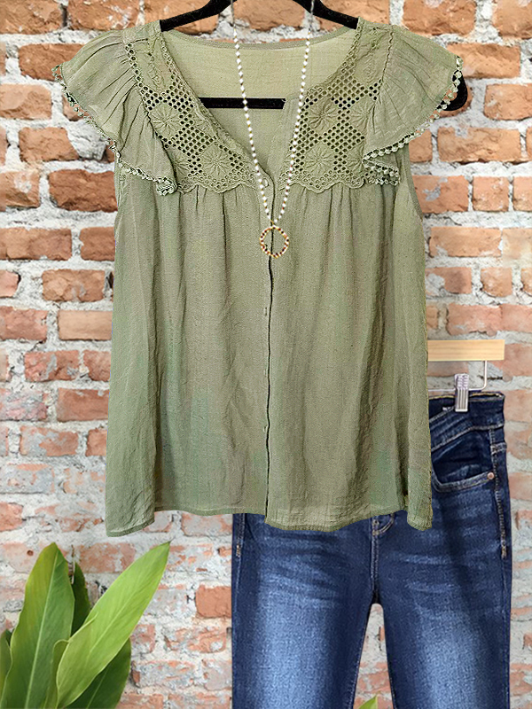 Casual Crochet Floral Ruffle Sleeve Top