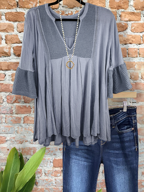 Vintage Waffle Patchwork Ruffle Sleeve Top