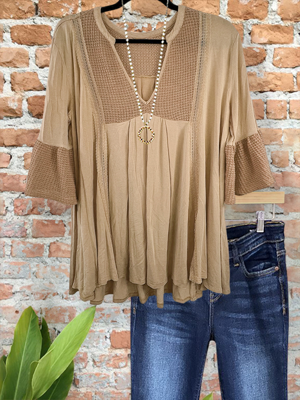Women's top | Vintage Waffle Patchwork Ruffle Sleeve Top |Website-shopcharmingrose