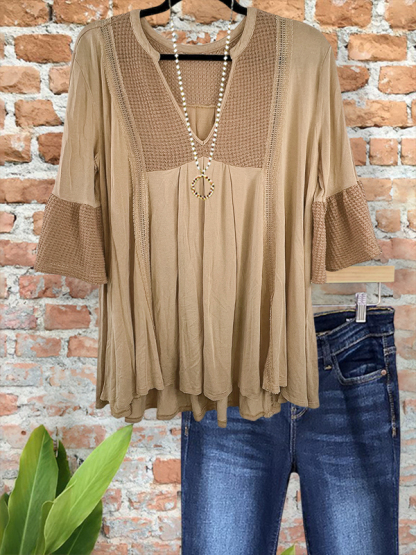 Vintage Waffle Patchwork Ruffle Sleeve Top