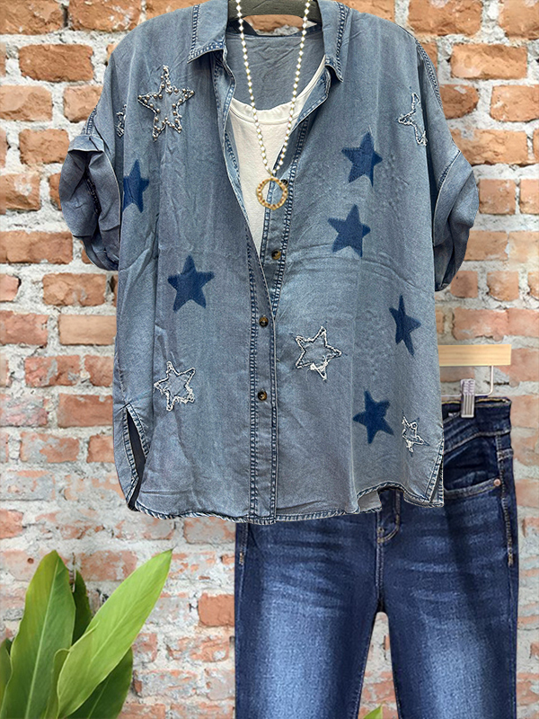 Women's top | Casual Retro Denim Star Print Top |Website-shopcharmingrose