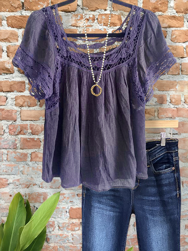 Women's top | Vintage Texture Crochet Short Sleeve Top |Website-shopcharmingrose