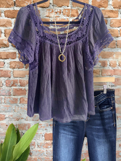 Vintage Texture Crochet Short Sleeve Top