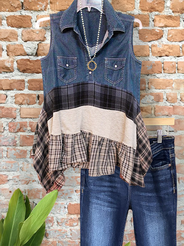 Women's top | Retro Pastoral Denim Plaid Patchwork Top |Website-shopcharmingrose