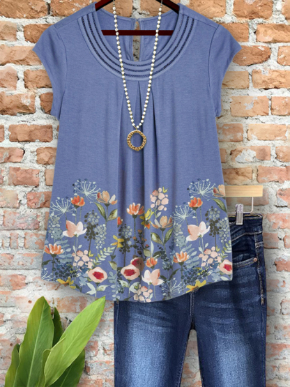 Pastoral Floral Ruched Crew Neck Top