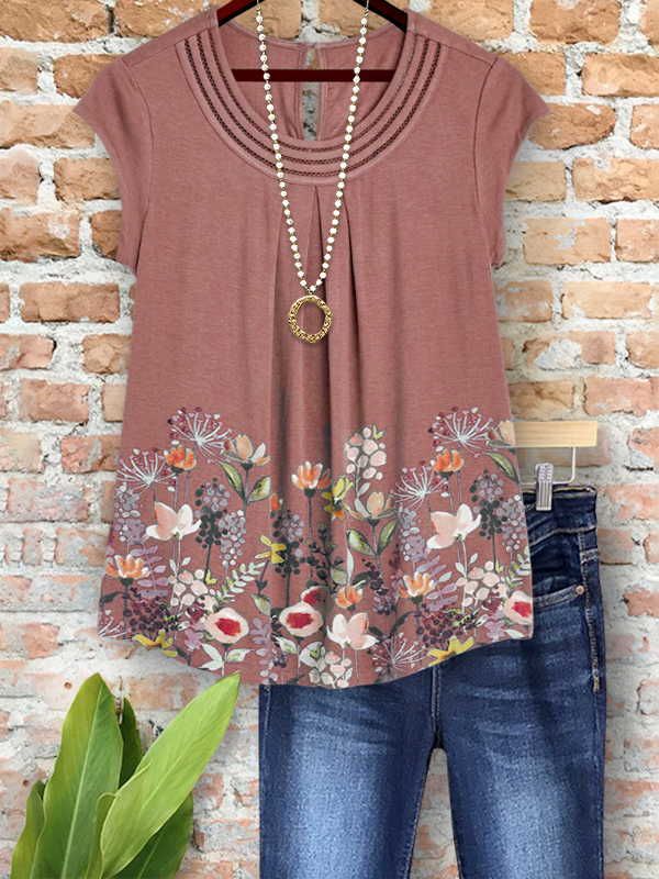 Pastoral Floral Ruched Crew Neck Top