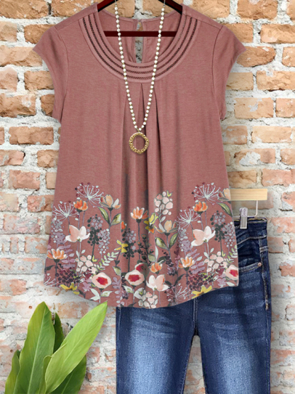 Pastoral Floral Ruched Crew Neck Top