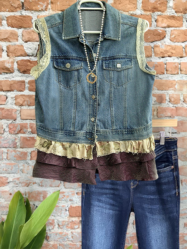 Vintage Denim Patchwork Ruffle Jacket