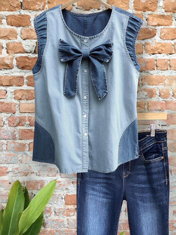 Vintage Denim Patchwork Top With Bow
