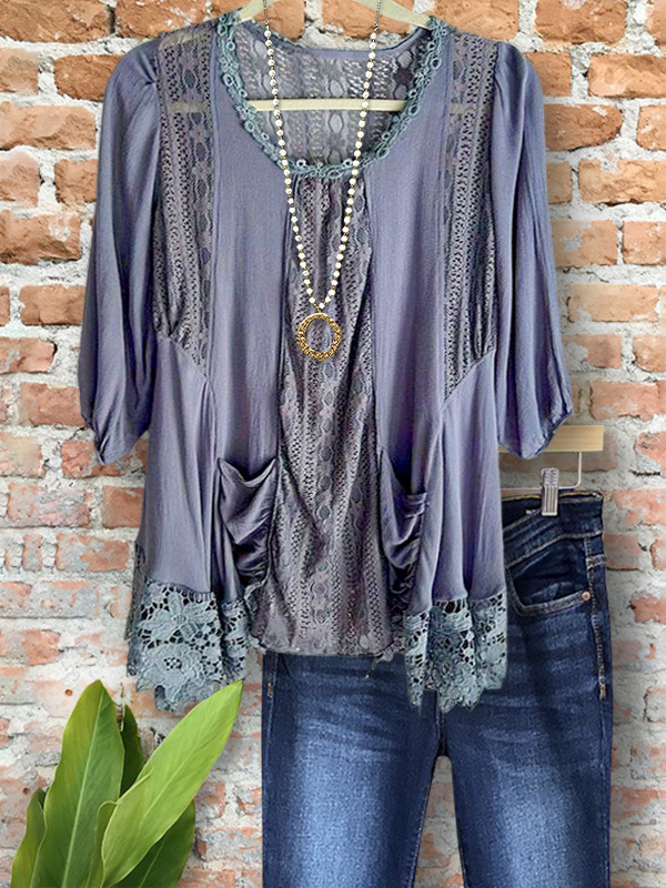 Women's top | Vintage Lace Patchwork Mid-Sleeve Top |Website-shopcharmingrose