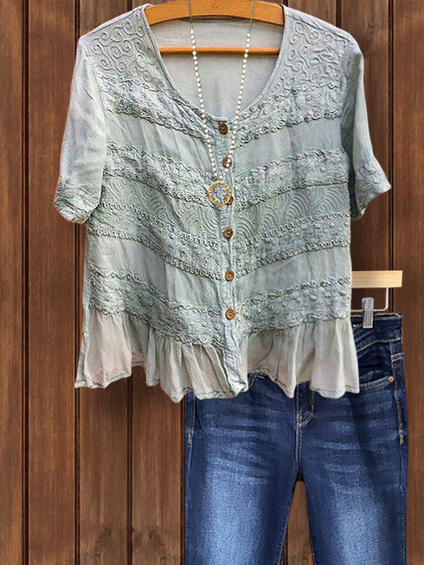 Women's top | Vintage Embroidered Ruffle Hem Patchwork Top |Website-shopcharmingrose