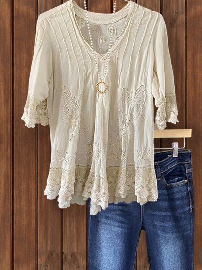 Elegant Embroidered Floral Lace Ruched Top