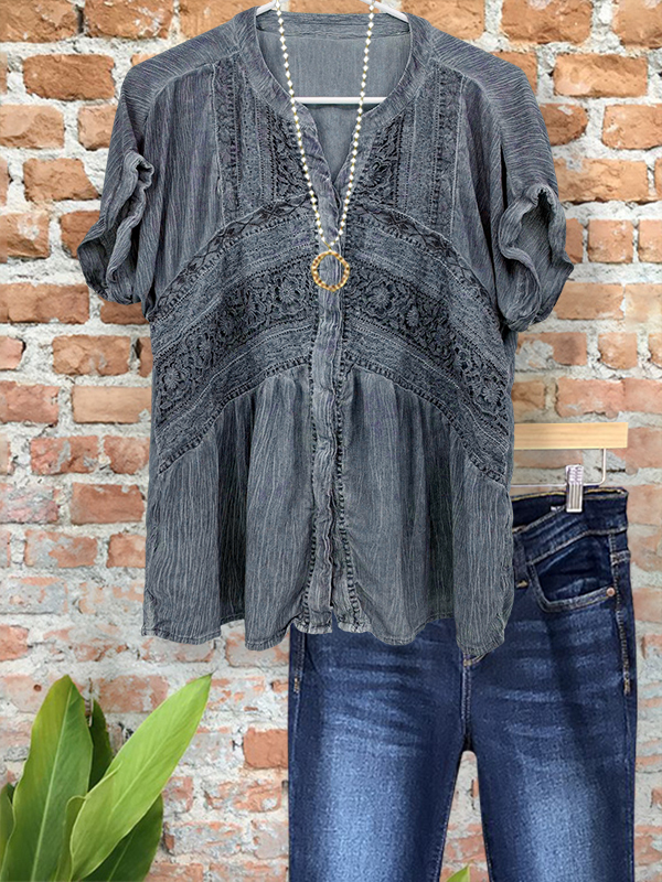 Women's top | Casual Vintage Textured Lace Patchwork Shirt |Website-shopcharmingrose