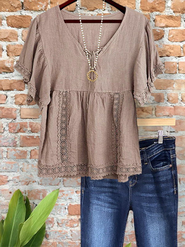 Women's top | Casual Linen Webbing Patchwork Puff Sleeve Top |Website-shopcharmingrose