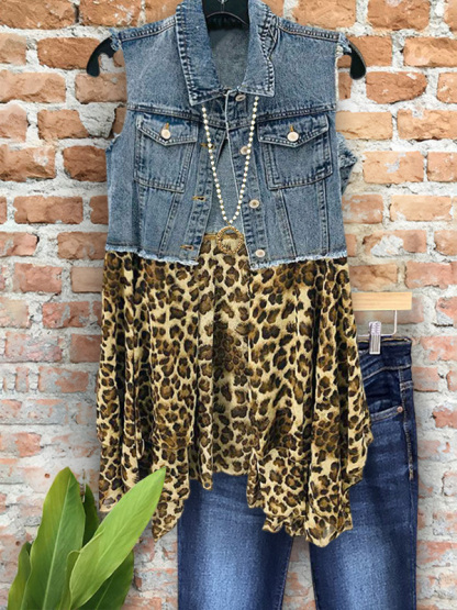 Classic Denim Leopard Patchwork Ruffle Hem Top