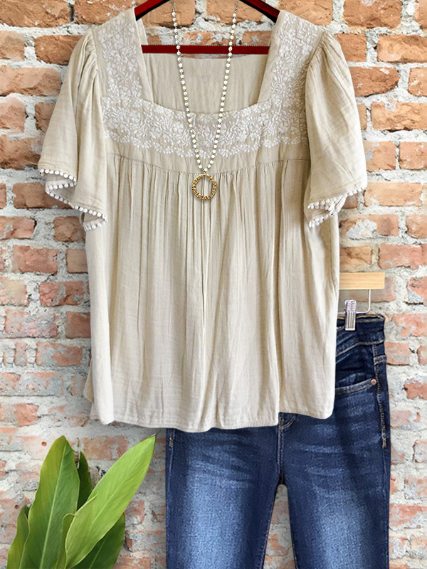 Embroidered Floral Ruched Casual Top
