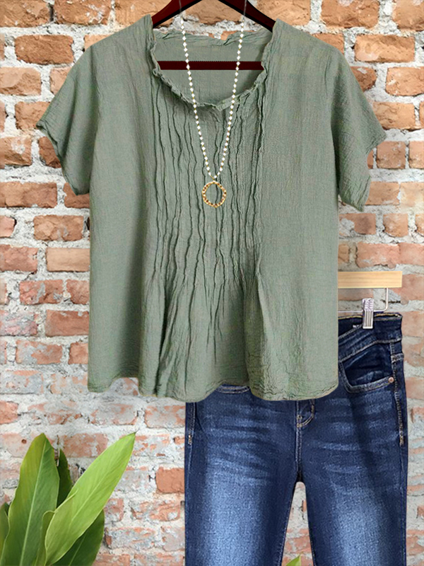 Casual Linen Pleated Crew Neck Top