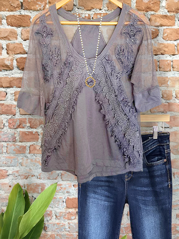 Women's top | Vintage Chic Floral Webbing Patchwork Top |Website-shopcharmingrose