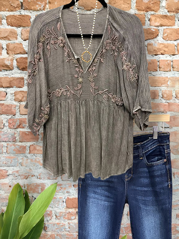 Women's top | Vintage Texture Embroidered Floral Top |Website-shopcharmingrose