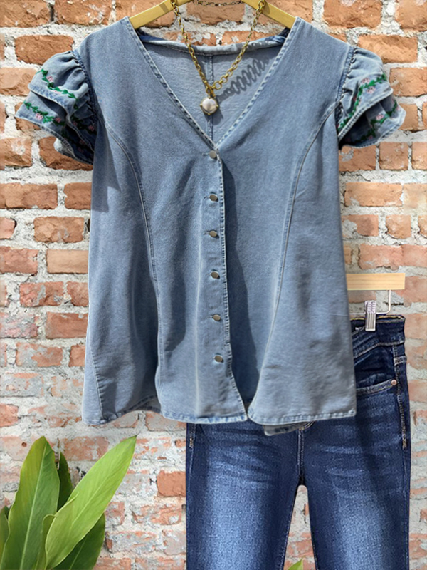 Vintage Denim Embroidered Floral Ruffle Sleeve Top