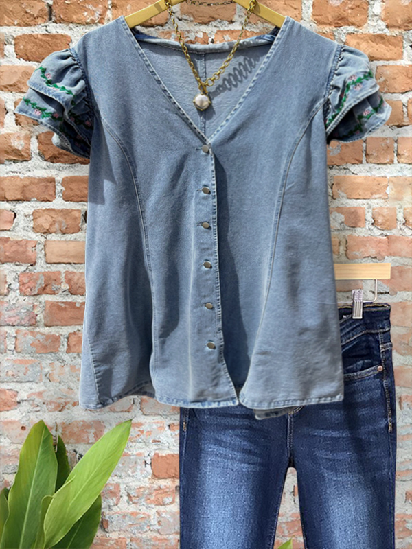 Women's top | Vintage Denim Embroidered Floral Ruffle Sleeve Top |Website-shopcharmingrose