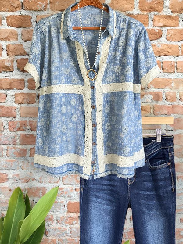 Women's top | Denim Printed Webbing Patchwork Shirt |Website-shopcharmingrose