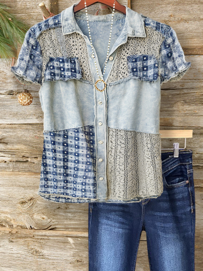 Vintage Mixed Print Lace Patchwork Shirt