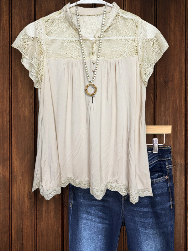 Women's top | Elegant Crochet Button-Up Short Sleeve Top |Website-shopcharmingrose