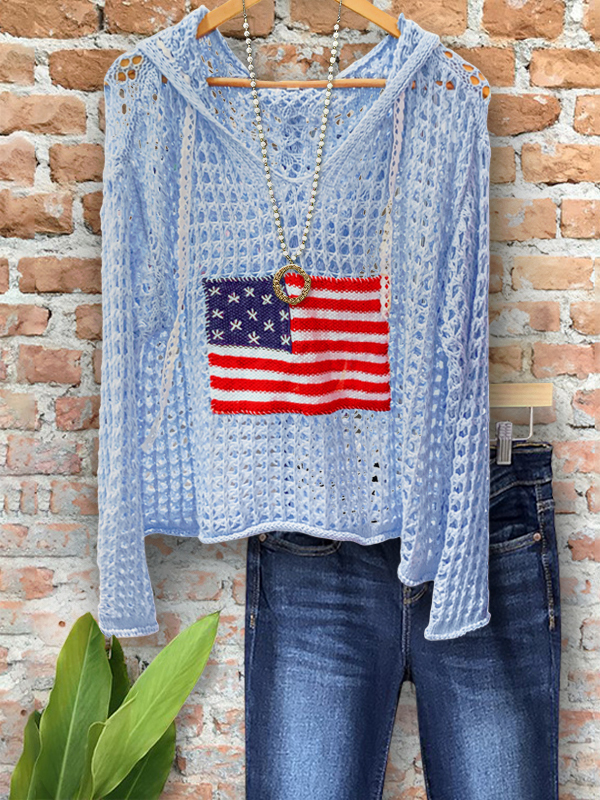 Casual Crochet Mesh Flag Patch Hoodie