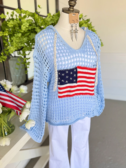 Casual Crochet Mesh Flag Patch Hoodie